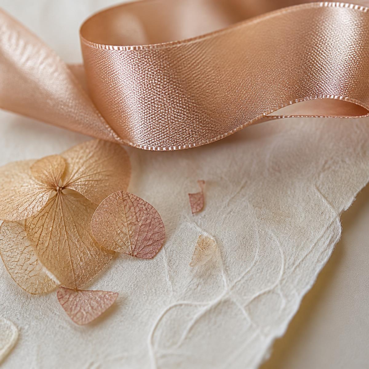 Detalhe de fita rosé sobre papel artesanal